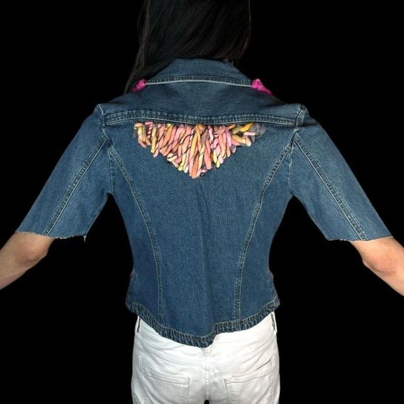 Handmade Reworked Cut Denim Top Hand Dyed Yarn Blazer Spring Jacket Boho Baby - Picture 4 of 4